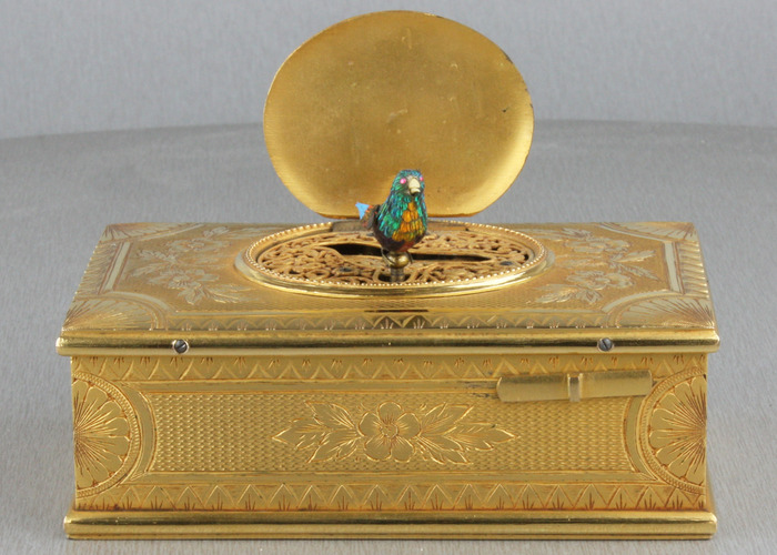 A very fine antique gilt bronze singing bird box, most certainly by Bontems