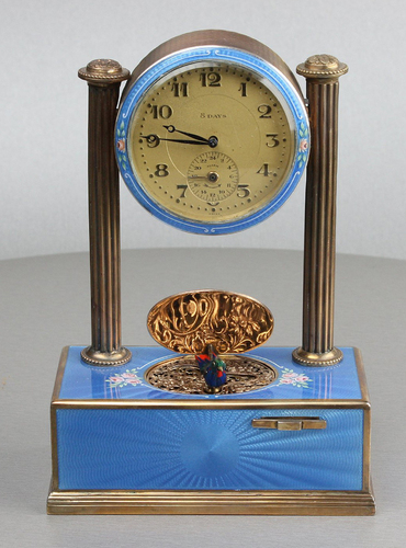 Vintage silver-gilt, guilloche and pictorial enamel timepiece alarm-actuated singing bird, by C. H. Marguerat