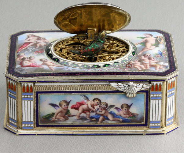 Vintage silver and full pictorial enamel singing bird box, by Karl Griesbaum