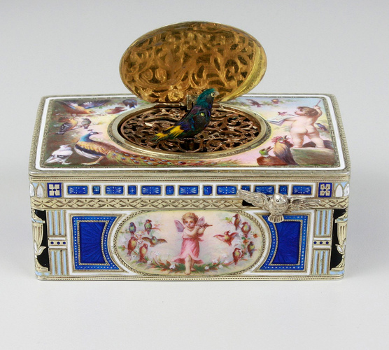 Exceptional silver and full pictorial enamel singing bird box, by Karl Griesbaum