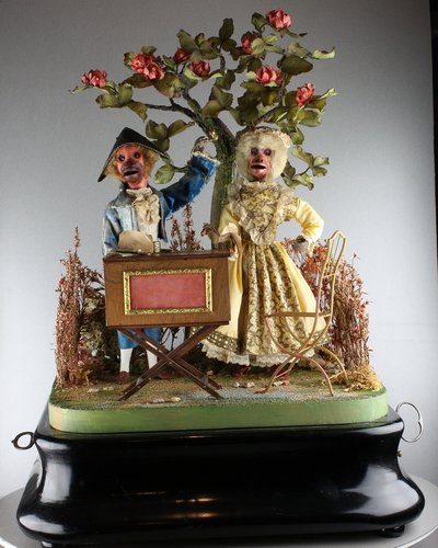 Antique double monkey musical automaton under glass dome, by Jean Phalibois