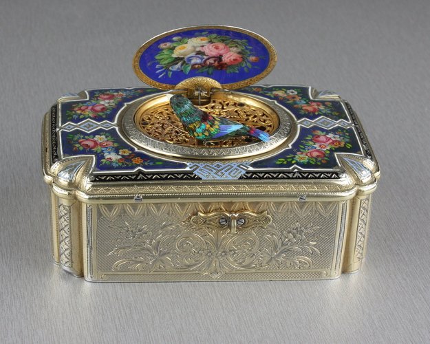 Antique silver-gilt and pictorial enamel Fusee singing bird box, by Charles Bruguier