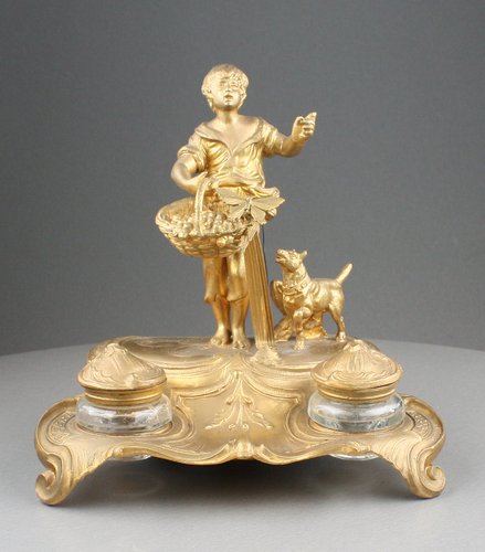 Gilt bronze antique musical automaton inkwell