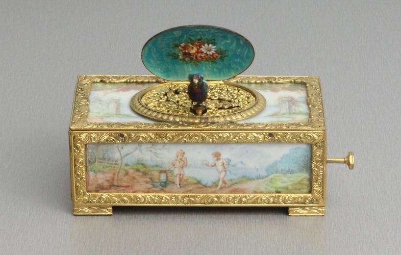 Gilt metal and painted ivory panel singing bird box, by C. H. Marguerat