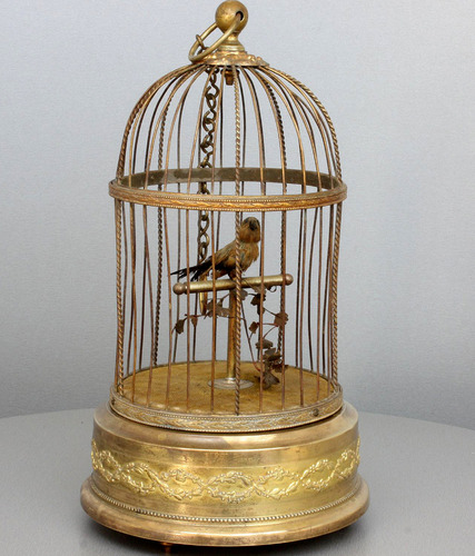 Antique small single singing bird-in-cage, by Bontems