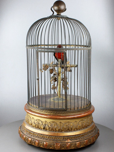 Antique large single singing bird-in-cage, by Jean Phalibois