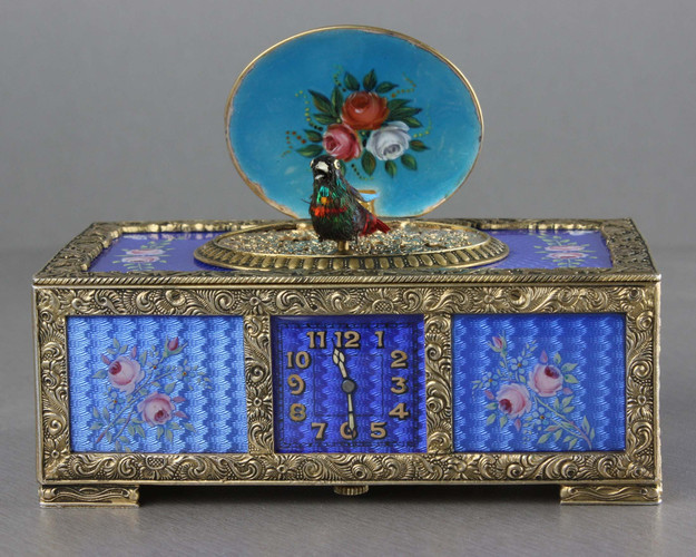 Sterling silver gilt, pictorial and enamel singing bird box with timepiece, movement by C. H. Marguerat