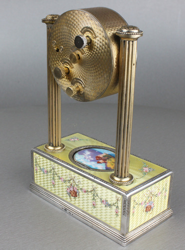 Vintage silver-gilt, guilloche yellow enamel and pictorial enamel timepiece alarm-actuated singing bird box, by C. H. Marguerat