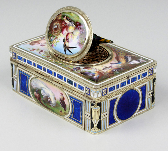 Exceptional silver and full pictorial enamel singing bird box, by Karl Griesbaum