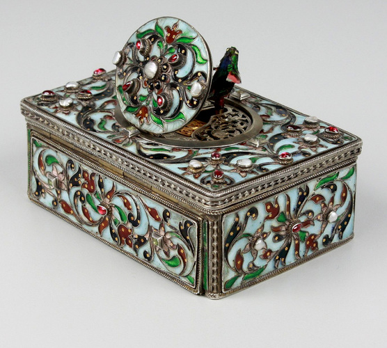 Silver and cloisonne enamel, garnet, pearl and aquamarine-set singing bird box