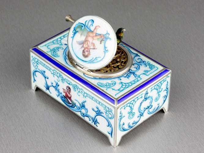 A superb silver and full guilloche painted enamel singing bird box, circa 1925