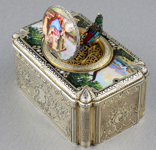 Antique tall-proportioned silver-gilt and full pictorial lidded singing bird box, by Charles Bruguier