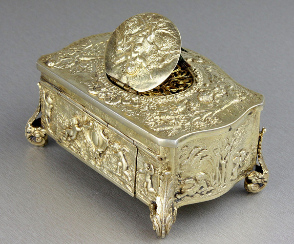 Vintage silver-gilt bow-front form singing bird box, by Karl Griesbaum