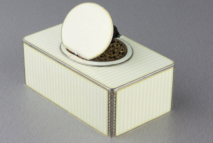  Silver and full cream guilloche enamel singing bird box