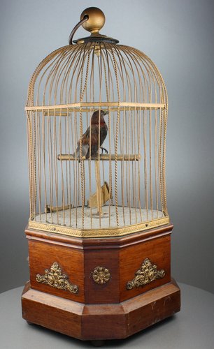 Single large Antique coin-operated bird-in-cage, by Phallibois,