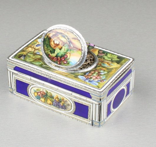 Silver-gilt and pictorial enamel Memento Mori singing bird box, by Karl Griesbaum