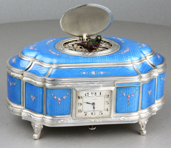 Sterling silver and full guilloche enamel singing bird box with timepiece