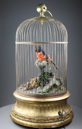 Large single antique singing bird-in-cage, by Phallibois