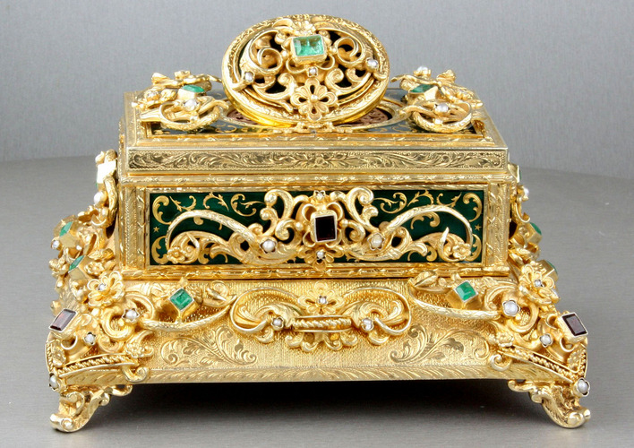 Vintage silver-gilt, enamelled, Emerald, red garnet and pearl-set singing bird box, by Karl Griesbaum