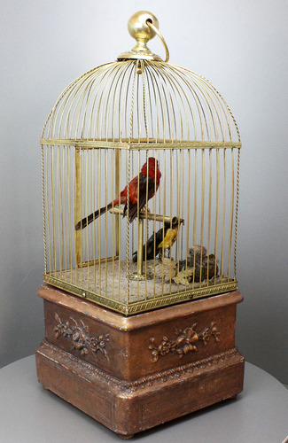 Antique double singing birds-in-cage with hungry chicks in nest, by Bontems