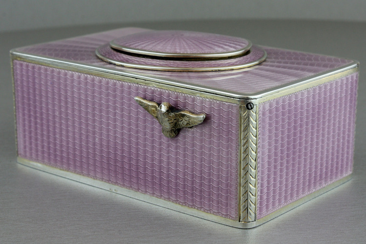 Silver and full lilac radial guilloche enamel singing bird box