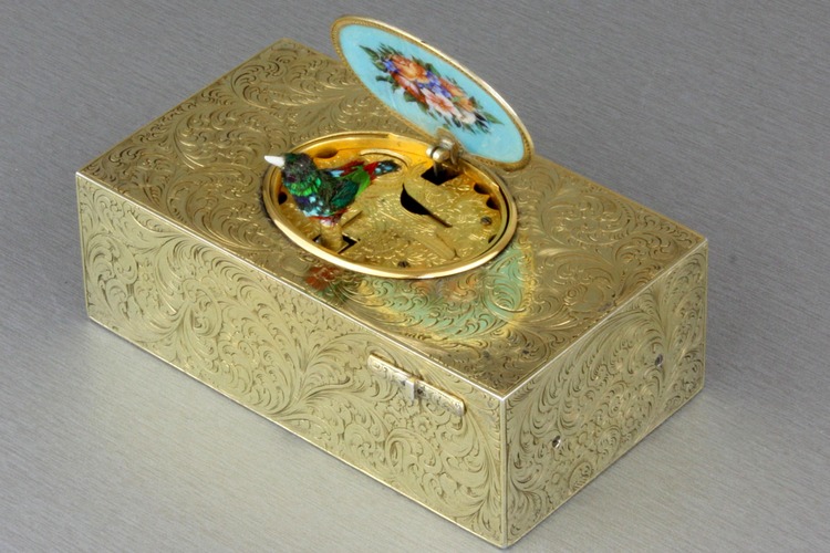 Antique silver-gilt and pictorial enamel singing bird box, by Rochat