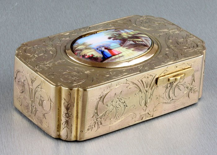 Antique gilt metal and pictorial enamel singing bird box, by Bontems