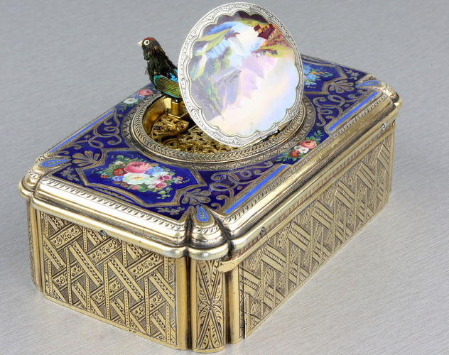 Antique silver-gilt and enamel singing bird box, by Charles Bruguier