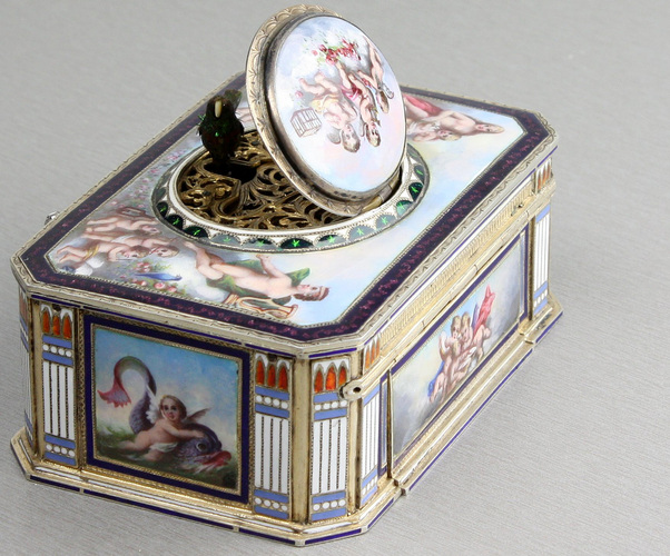 Vintage silver and full pictorial enamel singing bird box, by Karl Griesbaum