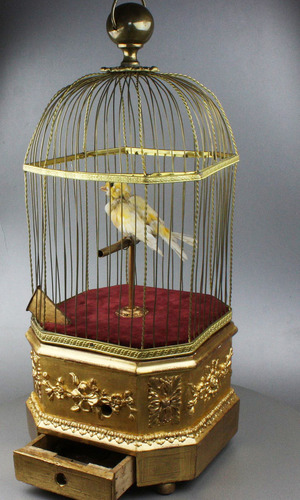 Antique coin-operated large singing canary-in-cage, by Bontems