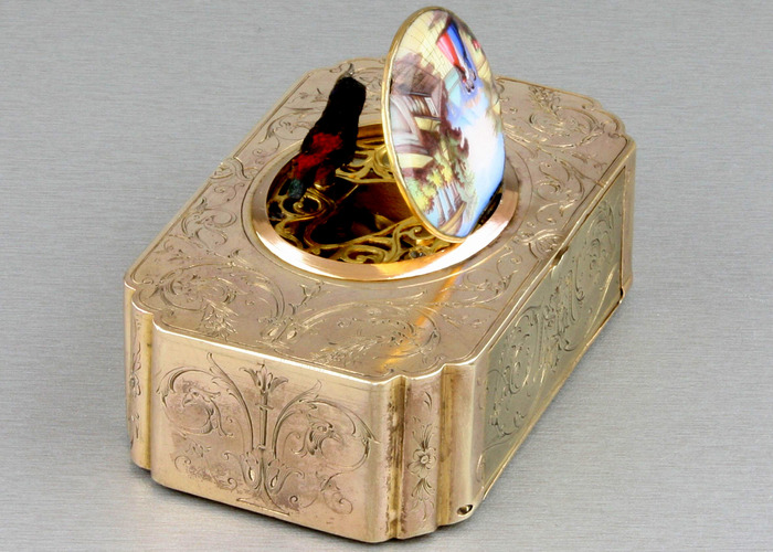 Antique gilt metal and pictorial enamel singing bird box, by Bontems