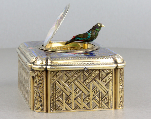 Antique silver-gilt and enamel singing bird box, by Charles Bruguier