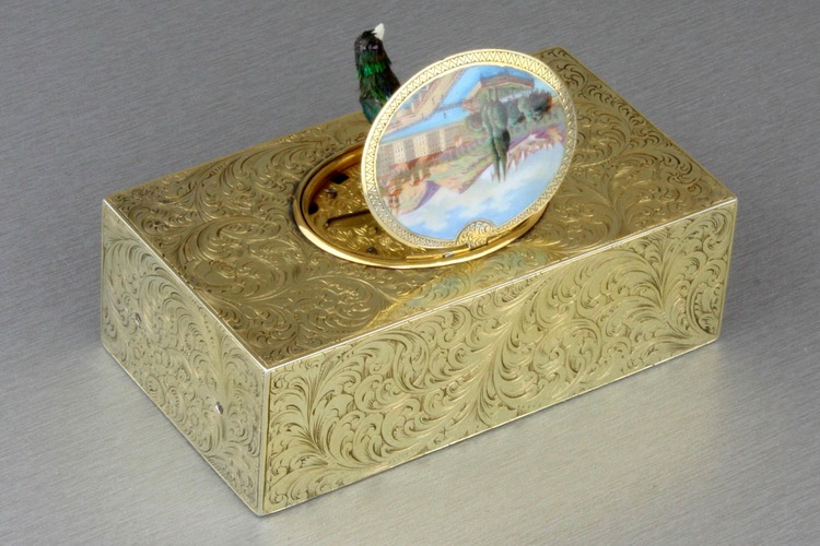 Antique silver-gilt and pictorial enamel singing bird box, by Rochat