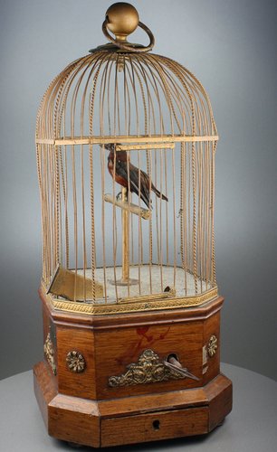 Single large Antique coin-operated bird-in-cage, by Phallibois,