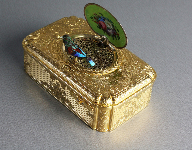 Antique silver-gilt and pictorial enamel Fusee singing bird box, with melodic notational birdsong, by Charles Bruguier