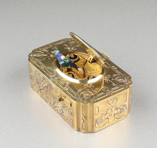 Antique Gilt metal and enamel singing bird box, by John Manger