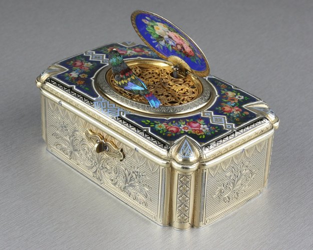 Antique silver-gilt and pictorial enamel Fusee singing bird box, by Charles Bruguier