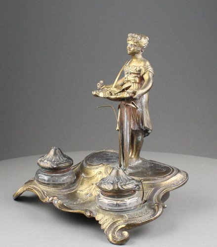 Gilt bronze antique musical automaton inkwell