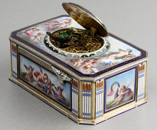 Vintage silver and full pictorial enamel singing bird box, by Karl Griesbaum