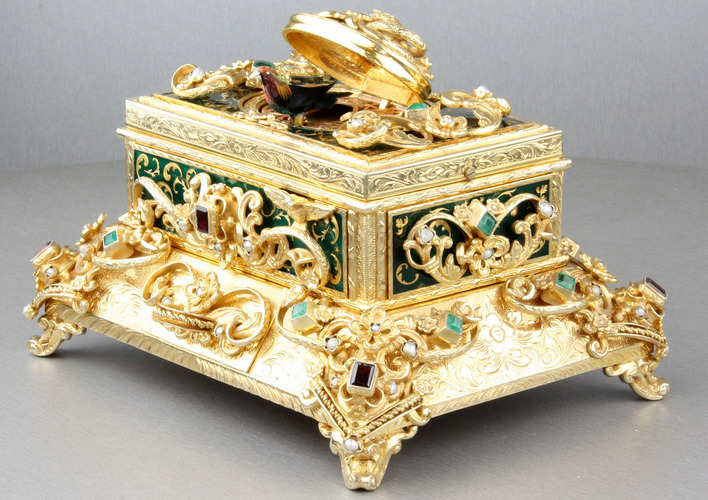 Vintage silver-gilt, enamelled, Emerald, red garnet and pearl-set singing bird box, by Karl Griesbaum