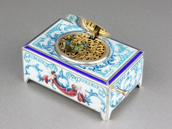 A superb silver and full guilloche painted enamel singing bird box, circa 1925