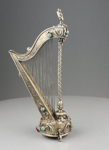 Antique Silver-gilt and mottled green agate mounted musical harp