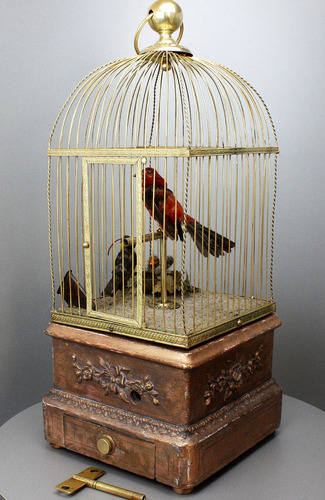 Antique double singing birds-in-cage with hungry chicks in nest, by Bontems