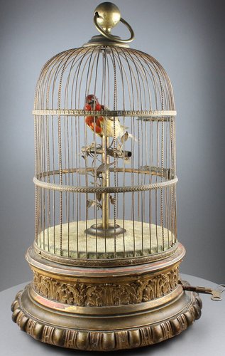 Large antique single singing bird-in-cage, by Phallibois