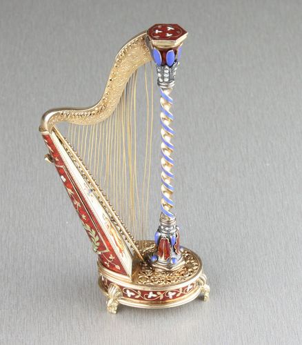 Gold, enamel and split seed pearl embellished musical harp with hidden scent bottle