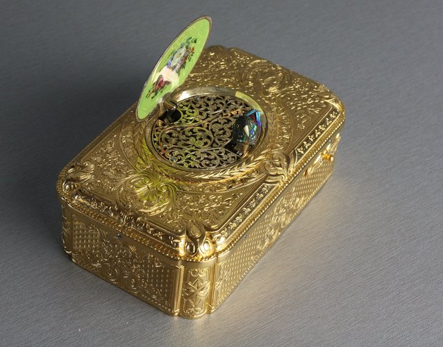 Antique silver-gilt and pictorial enamel Fusee singing bird box, with melodic notational birdsong, by Charles Bruguier