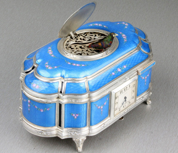 Sterling silver and full guilloche enamel singing bird box with timepiece