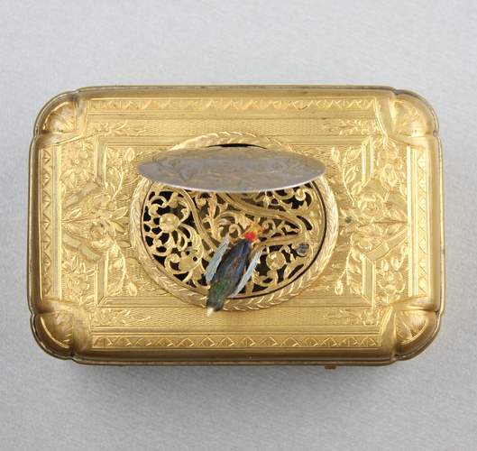 Antique Gilt metal singing bird box, by Raymy