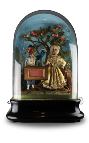 Antique double monkey musical automaton under glass dome, by Jean Phalibois