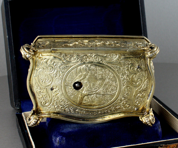 Vintage silver-gilt bow-front form singing bird box, by Karl Griesbaum